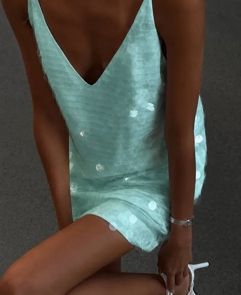 Women Sequins Mini Dress Sexy Deep V-neck Spaghetti Strap Loose Vestido