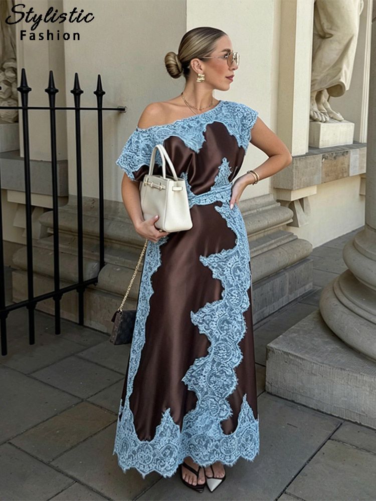 Elegant Lace Patchwork Long Women's Dress Urban Skew-collar Short Sleeve Empire Lady Robe
