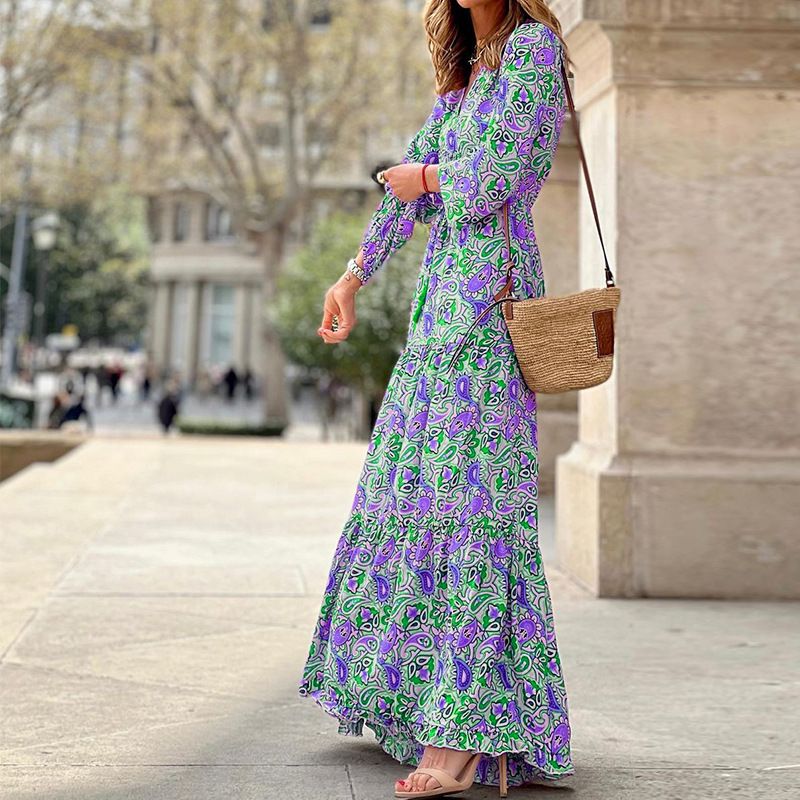 Women's Fashionable Printed Sexy V-neck Long Sleeve Bohemian Dresses
