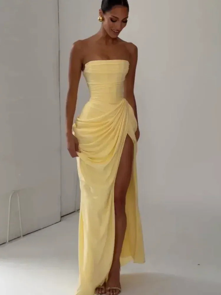 Solid Pleated Strapless Women's Dress Backless Off-shoulder High Waist Split Female Dresses