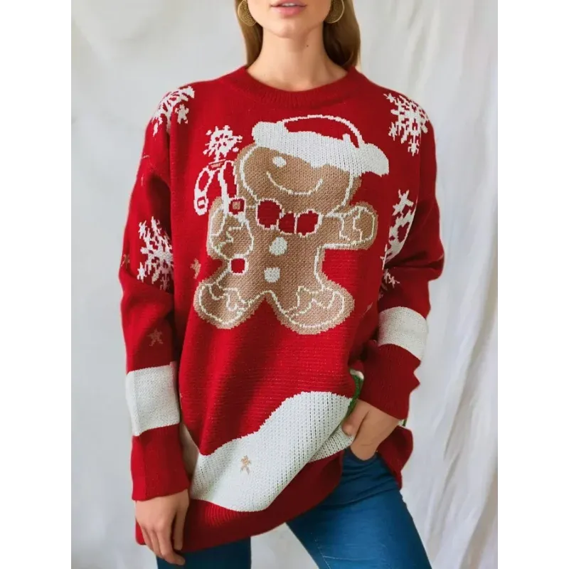 Women Christmas Snowman Knitted Long Sleeve Round Neck Sweater
