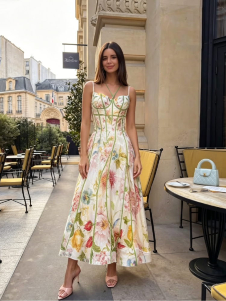 Elegant Floral Print Halter Dress Women Sleeveless Waist-closed A-line Dresses