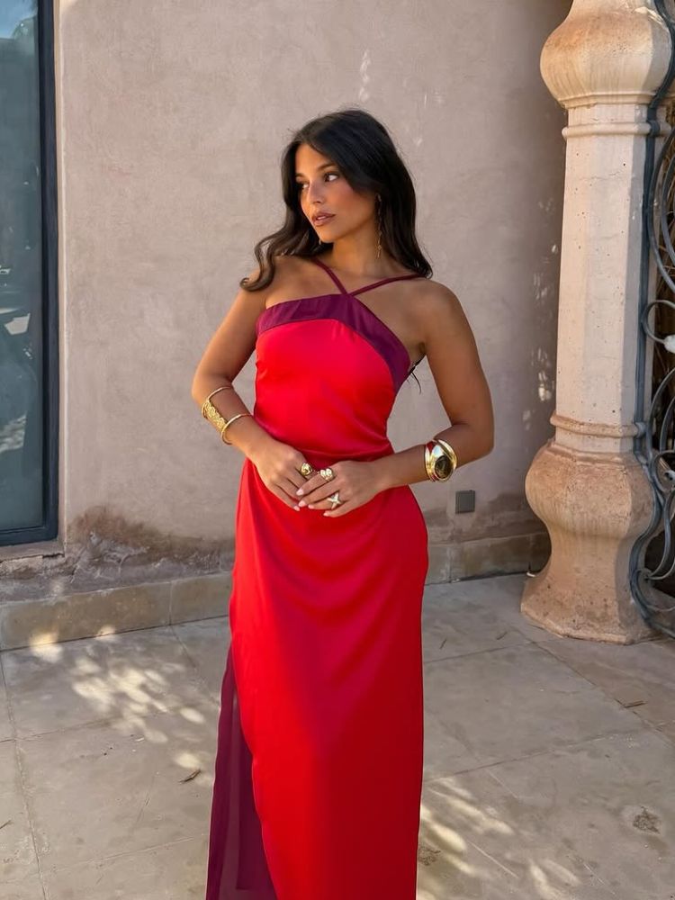 Women Sexy Color Blocking Halter Maxi Dresses Elegant Backless Off shoulder Sleeveless Slim Gowns
