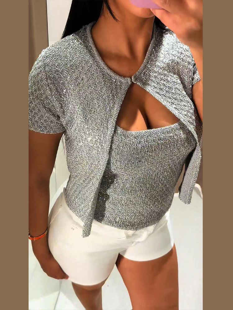 Women's Tank Top Knitted Sequined Vests Sleeveless Backless Bodycon Crop Top Chic Lady Knitwear