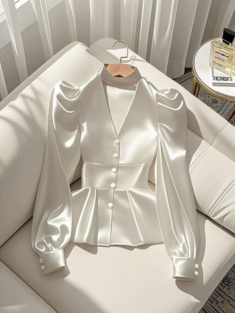 Elegant Fashion White Satin Women Blouse