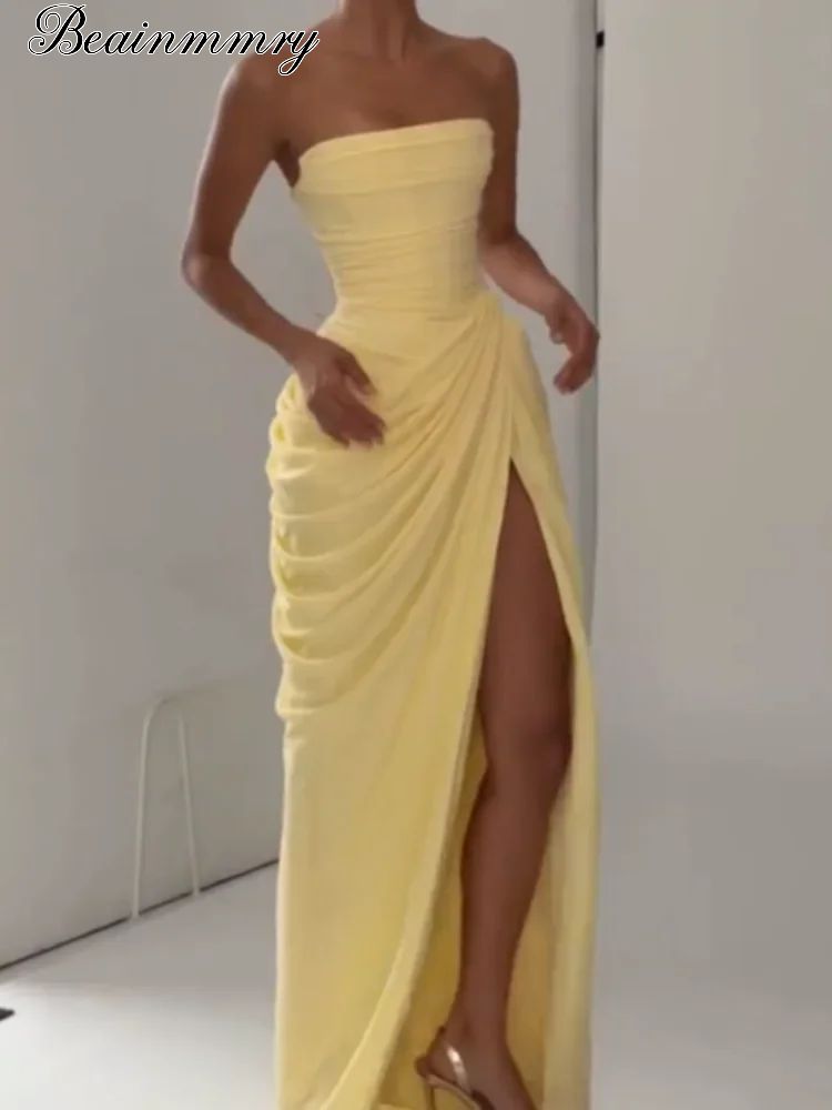 Sexy Women Solid Pleated Strapless Chic Evening Gown