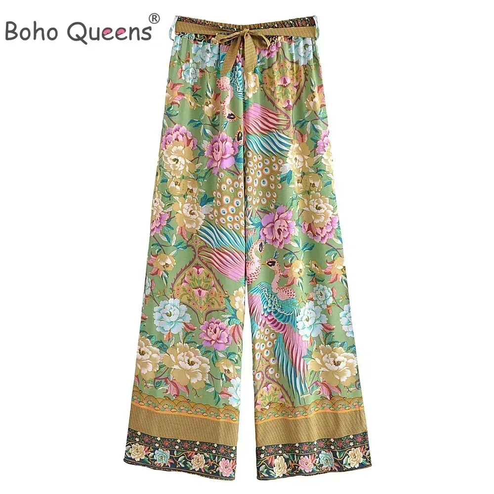 Women Peacock Floral Print Bohemian Wide Leg Pants