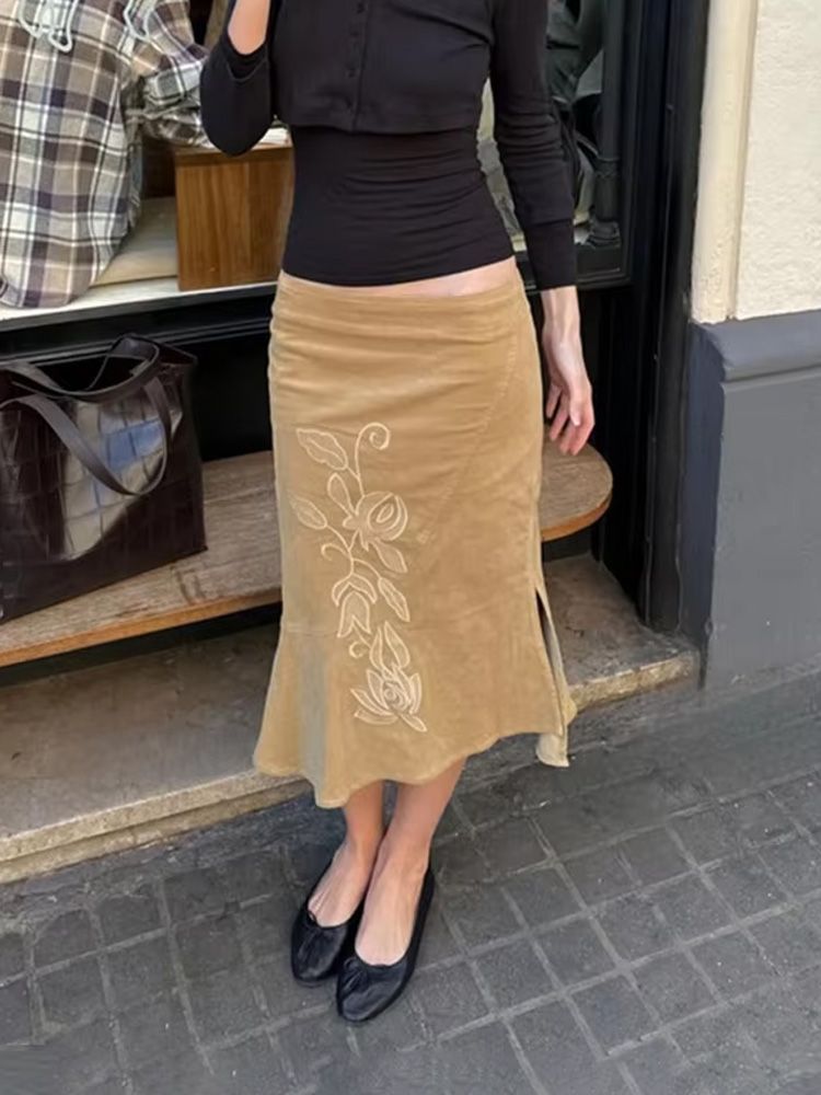 Female High Waist Commute Side Split Elegant Contrast Maxi Skirt