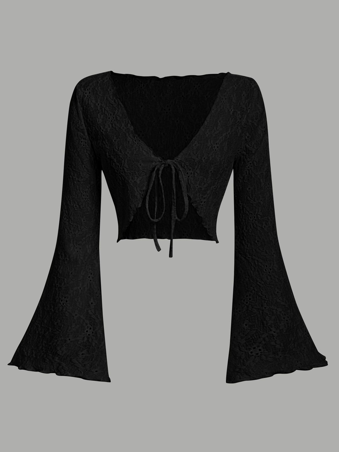 Women Eyelet Lace Flare Sleeve Crop Cardigan