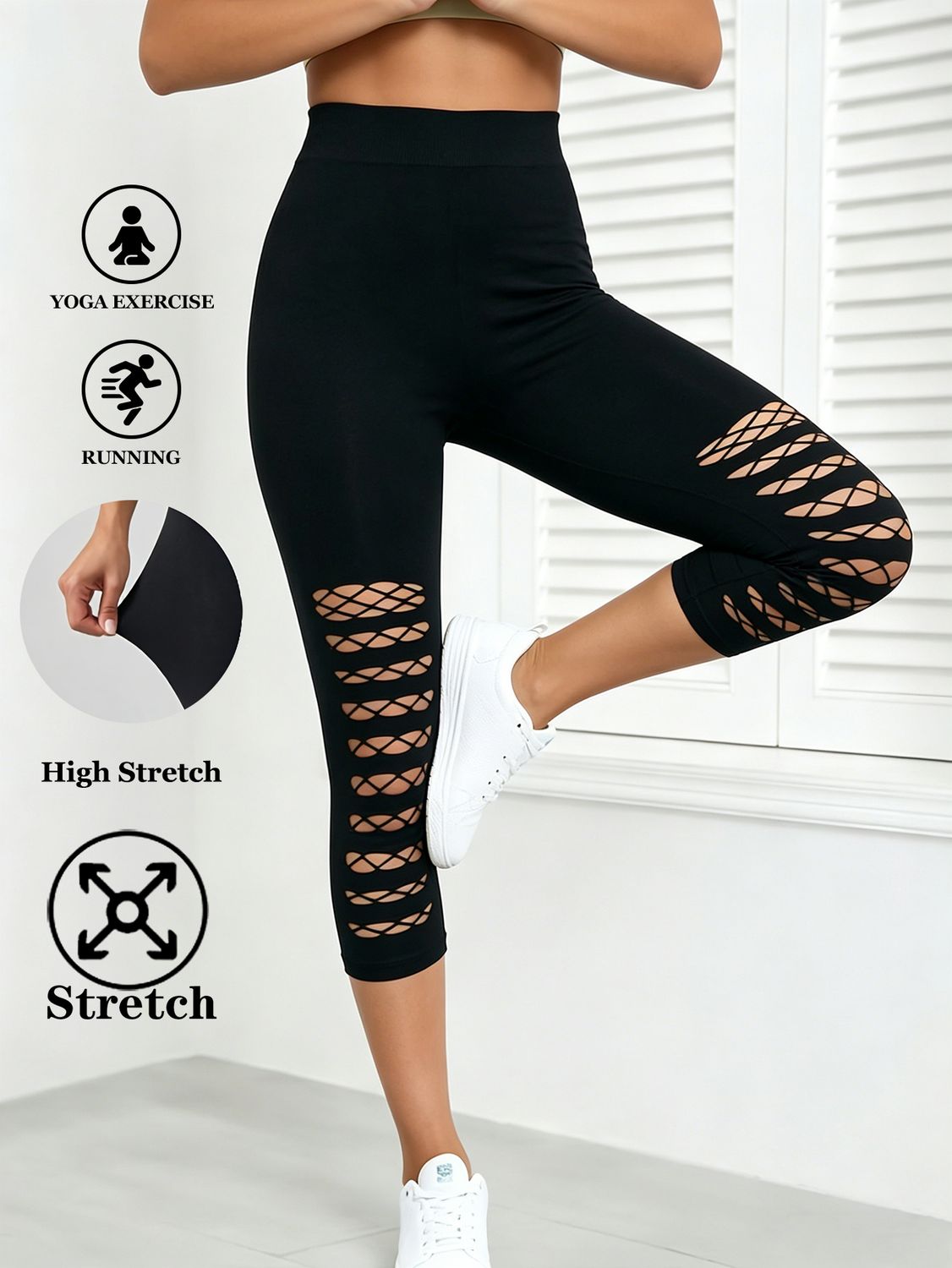 New Black Openwork Mesh Capris Leggings Stretchy Breathable Tights