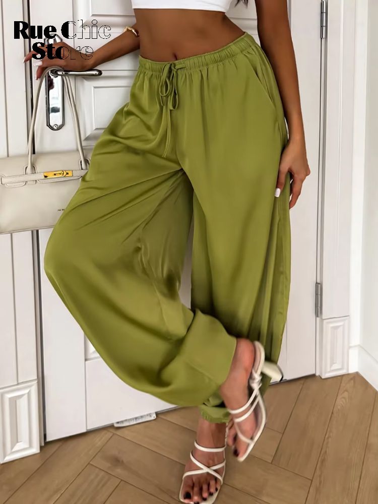 Solid Drapey Satin Loose Harem Pants Women Casual Elastic Waist Drawstring Design Long Pant