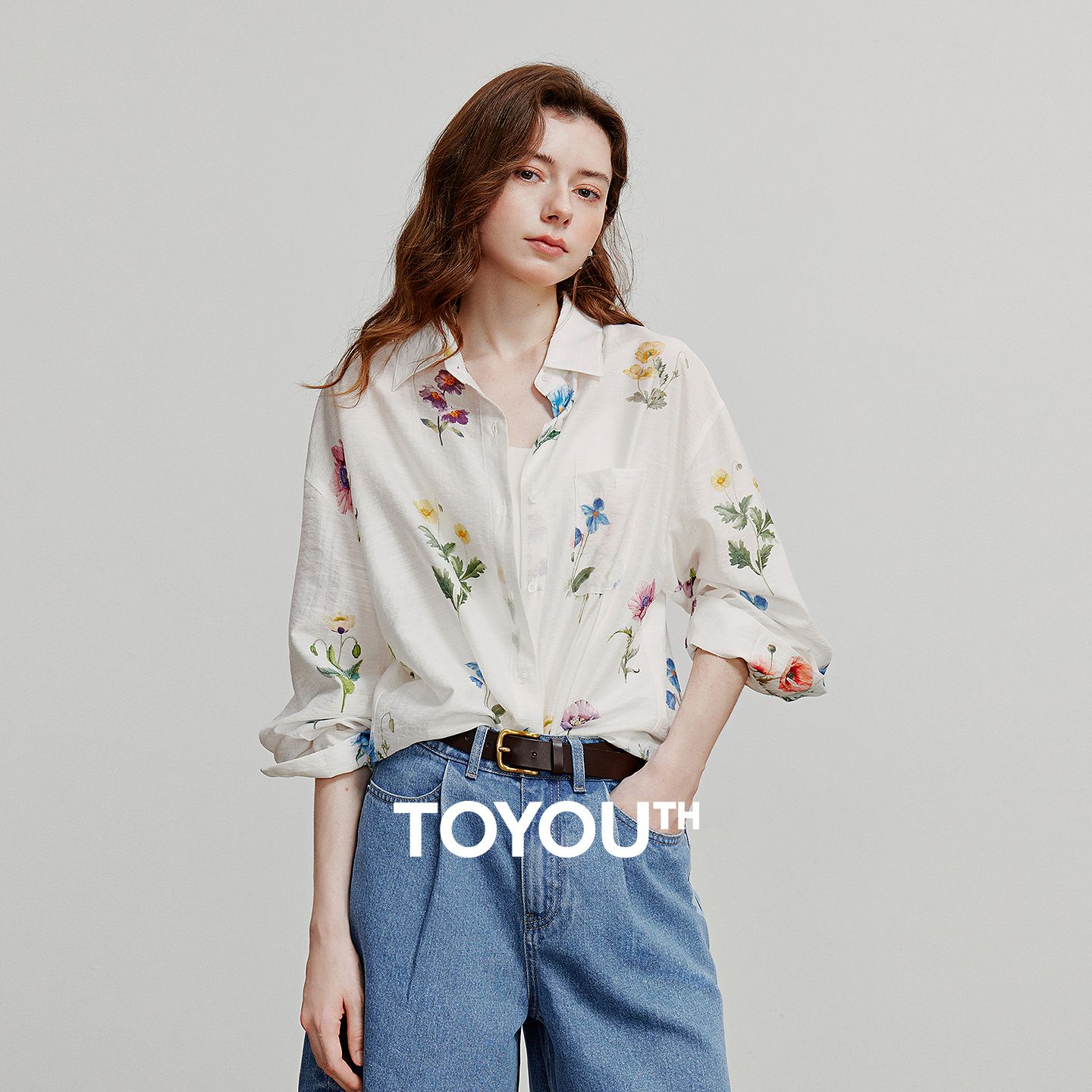 TOYOUTH Women Shirts Linen Lyocell Print Fresh Mid Length Floral Blouse Tops