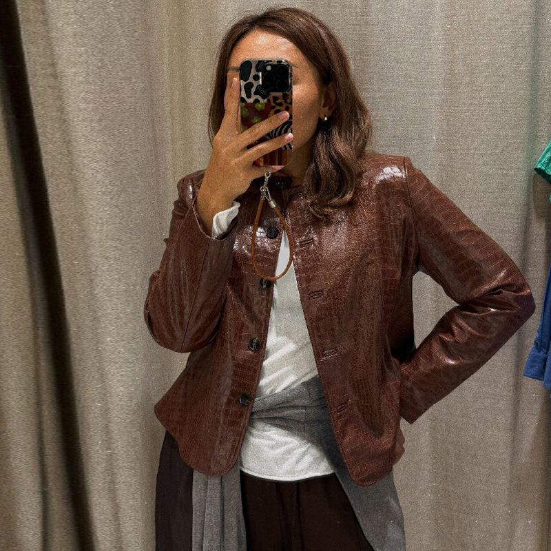 Women Croc Print Faux Leather Jacket Crew Neck Button Front Flared Peplum Hem Slim Fit Cropped