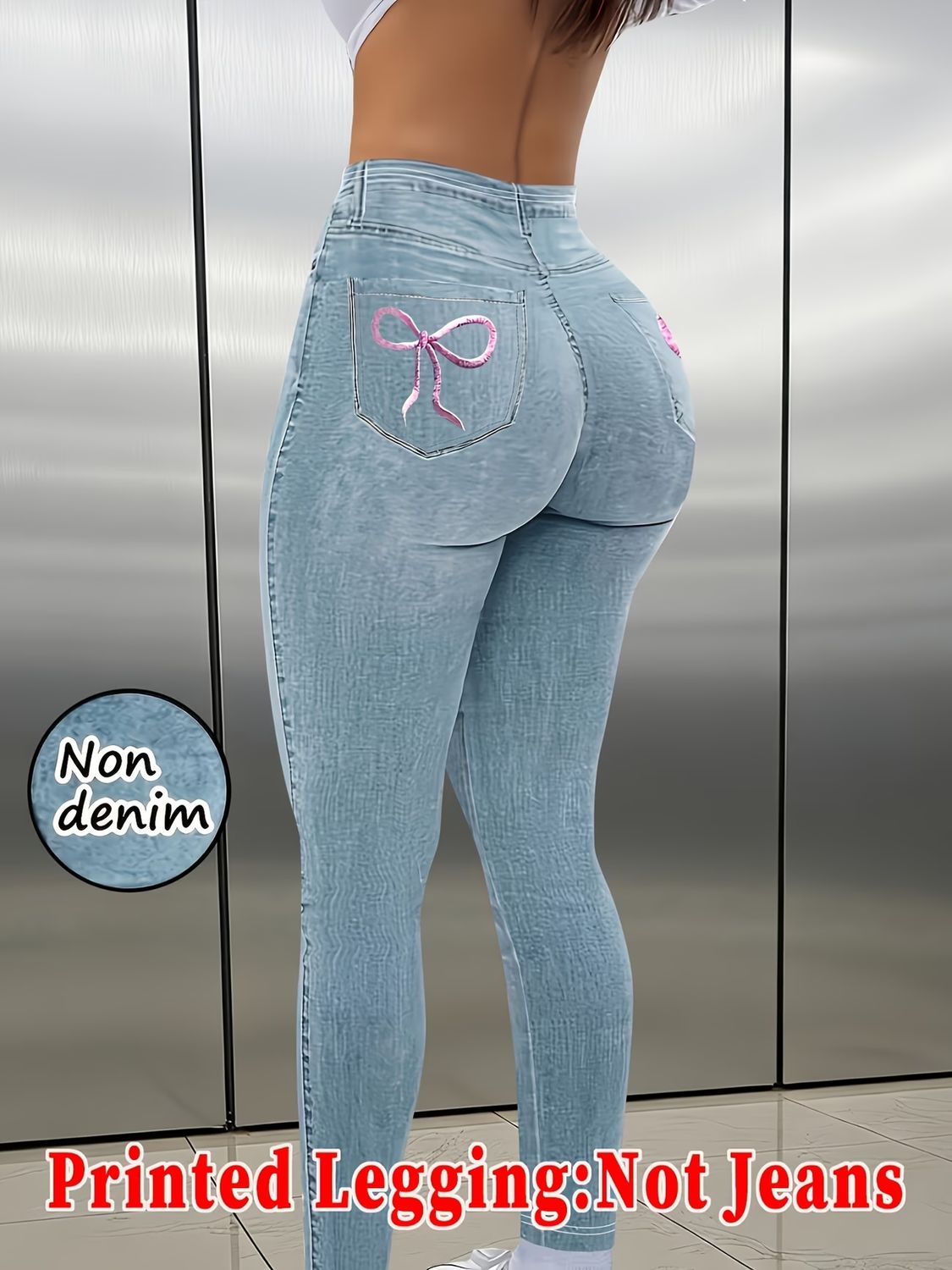 Printed Legging‑Not Denim Fabric All‑over Faux‑Denim Printed Long Pants