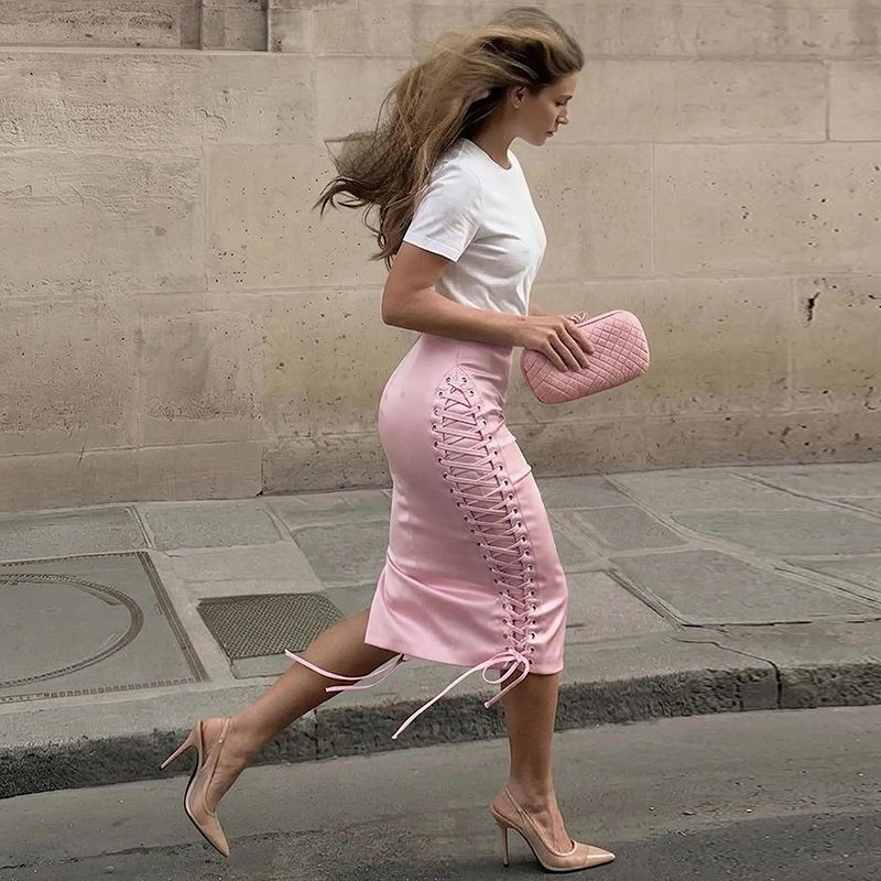 Women's Midi Skirt High Waist Side Lace‑Up Midi Skirt Bodycon Tie Adjust Hip Fitted Skirt