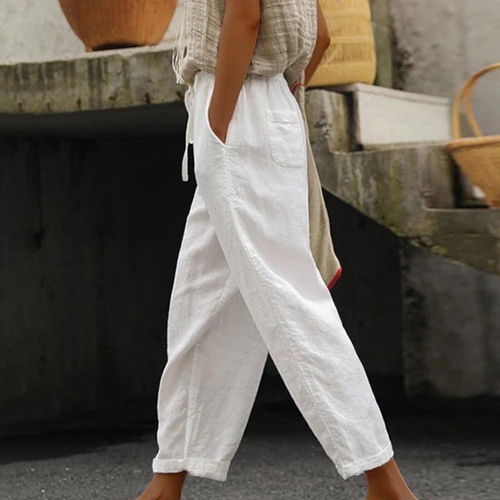 Mid-rise Elastic Waistband Drawstring Pockets Wide Leg Women Pants