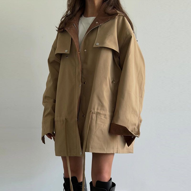 Lapel Women's Outerwear Waist Cinching Belted Jacket Drop Shoulder Cropped Cargo Trench Coat