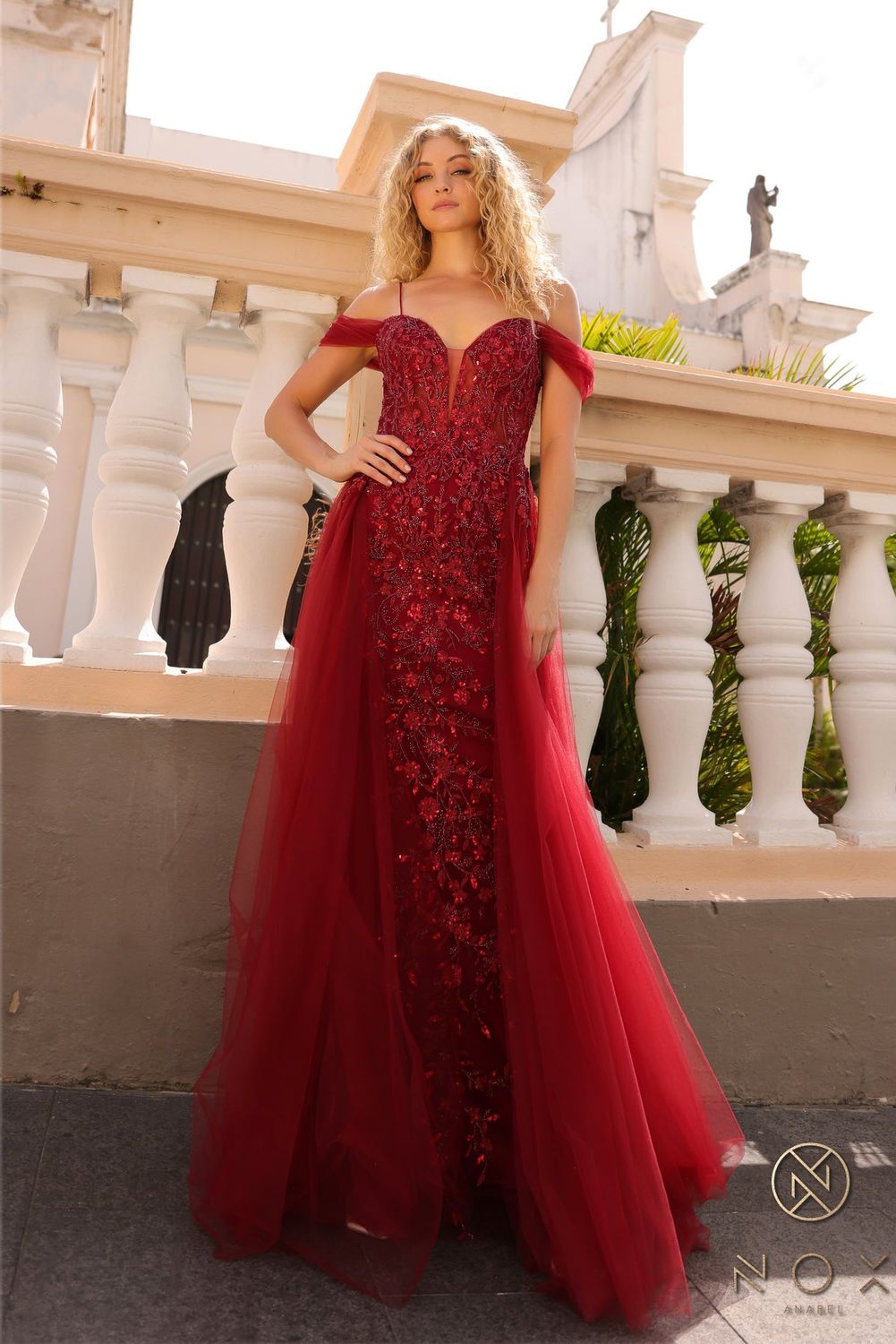 Red Tulle A-Line Strapless Formal Gown Beaded NXL1362