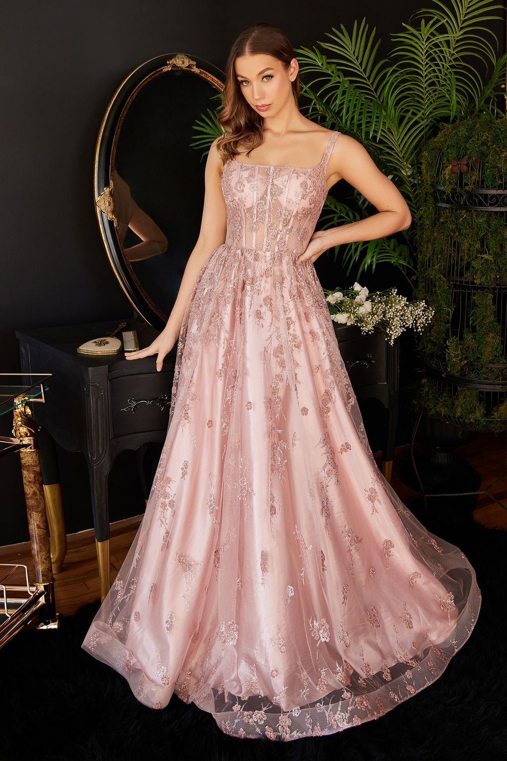 Glitter Print A-Line Dress Sequined Applique, Open Back, &amp; Sequin Ballgown CDJ840