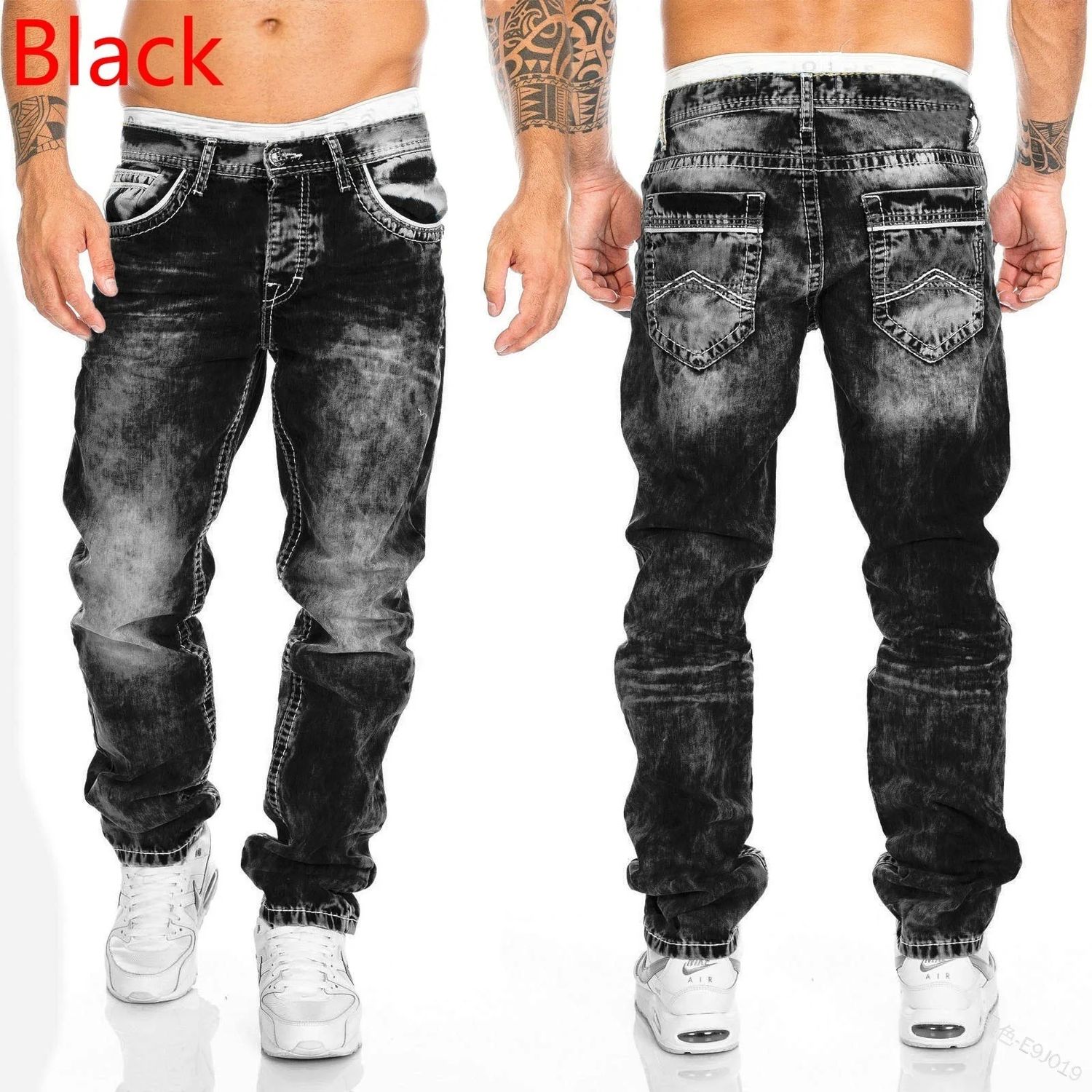 Men Jeans Solid Pockets Stretch Denim Straight Pants