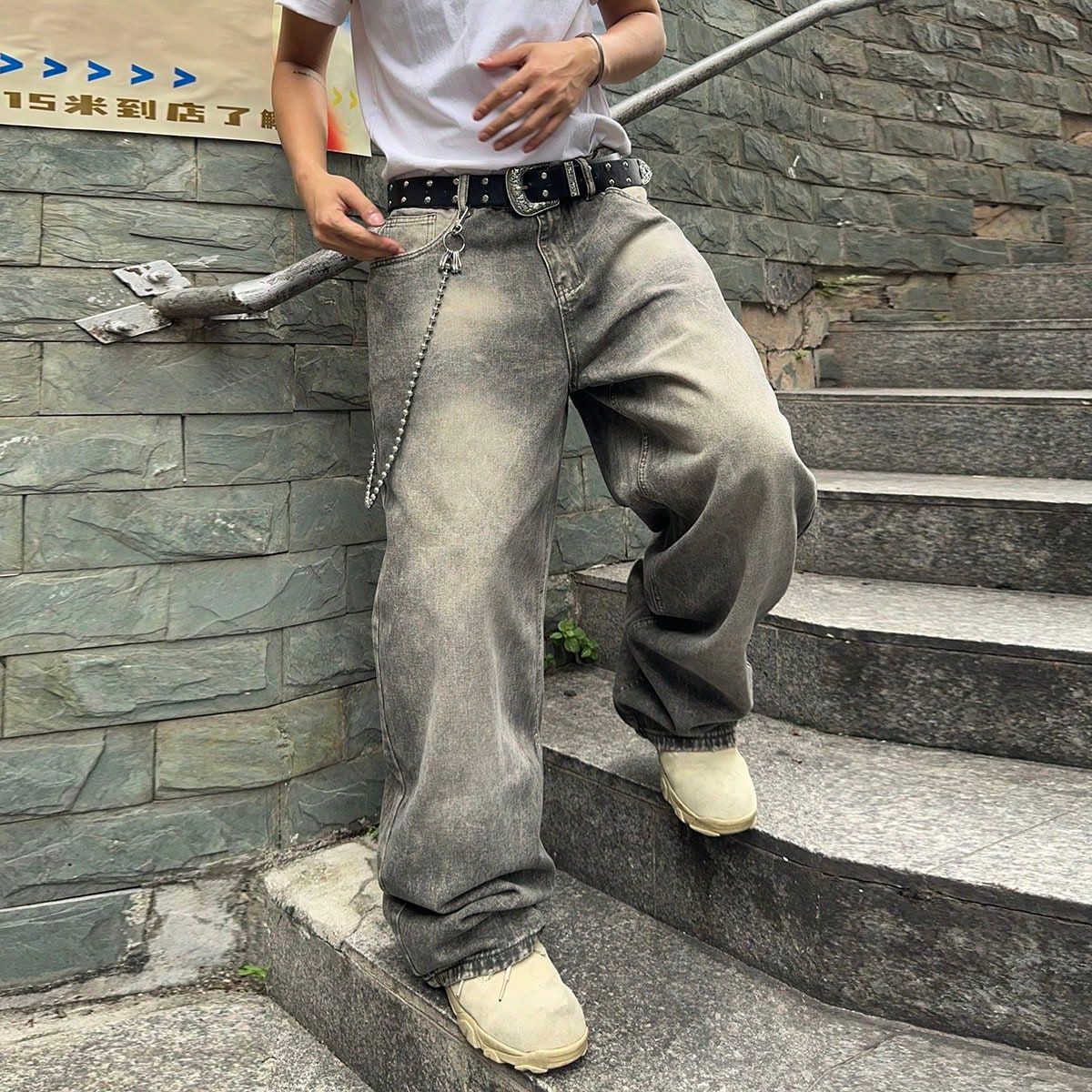 Vintage Men Gradient Baggy Denim Jeans For Men Washed Casual Loose Denim Pants