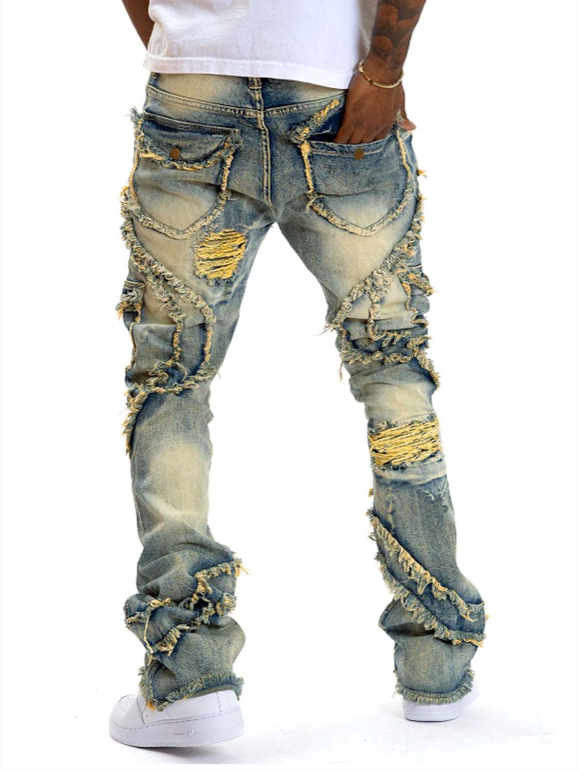 European and American men's casual jeans, street punk fashion, retro, ripped hole, slightly flared tassel elastic jeans