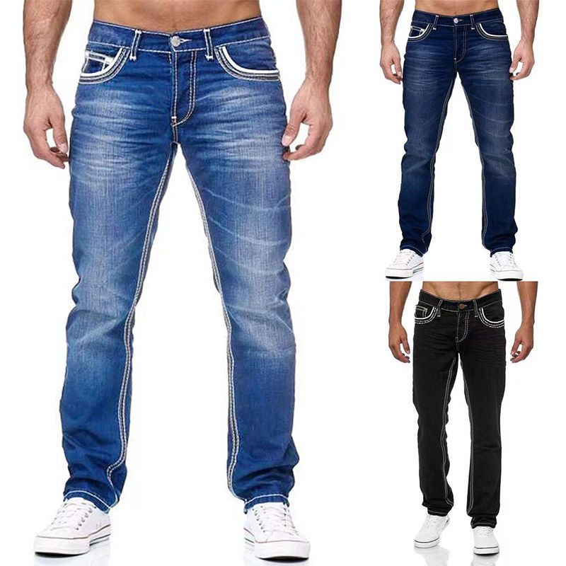 Straight Jeans Men Washed no hole Jean Jeans Loose Cacual Designer Long Denim Pants