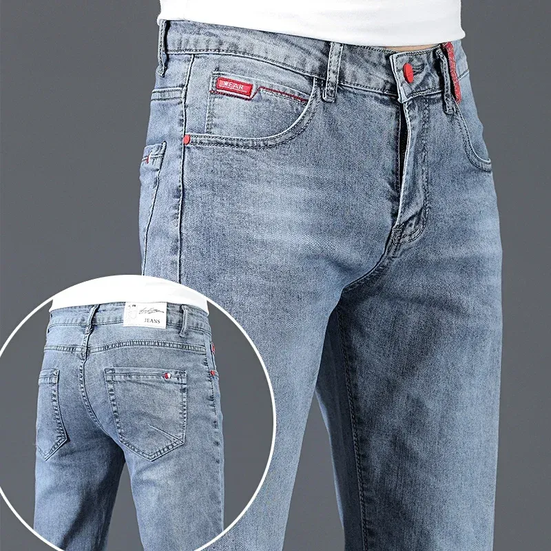Men's Cotton Business Casual Skinny Jeans Trendy Fashionable Stretch Straight Slim Denim Trousers Male Blue Grey