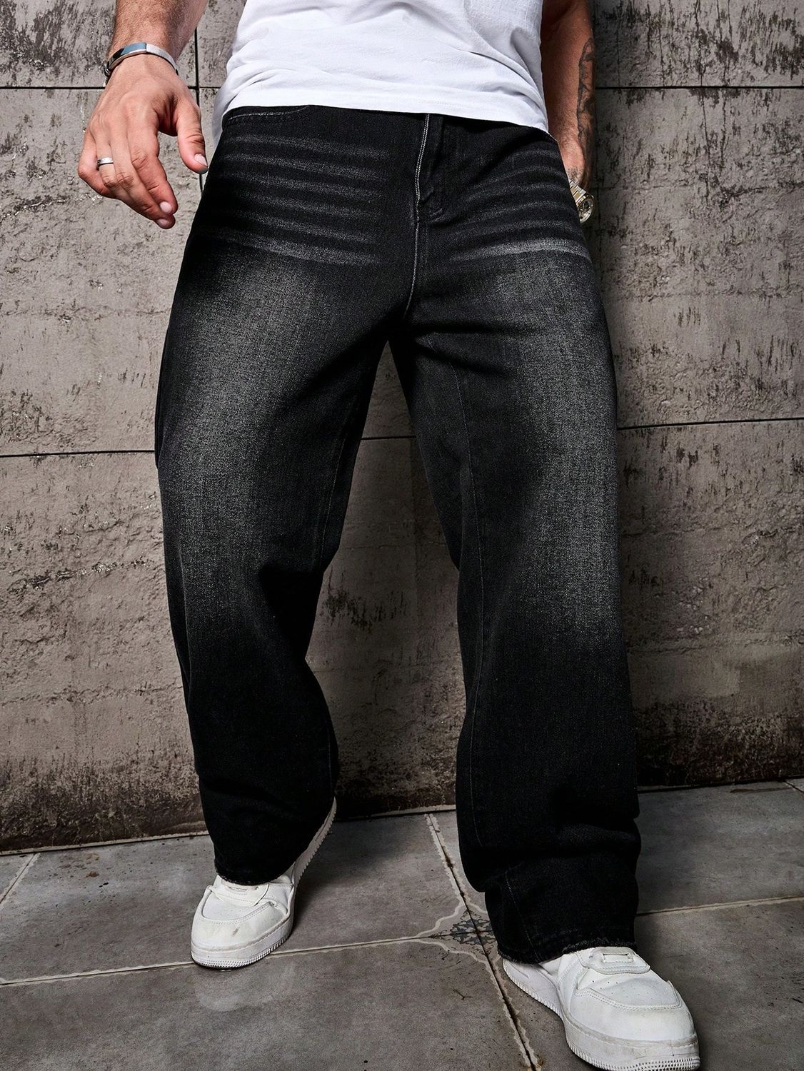 Men's Black Washed Distressed Loose Wide Leg Relaxed Straight Jeans