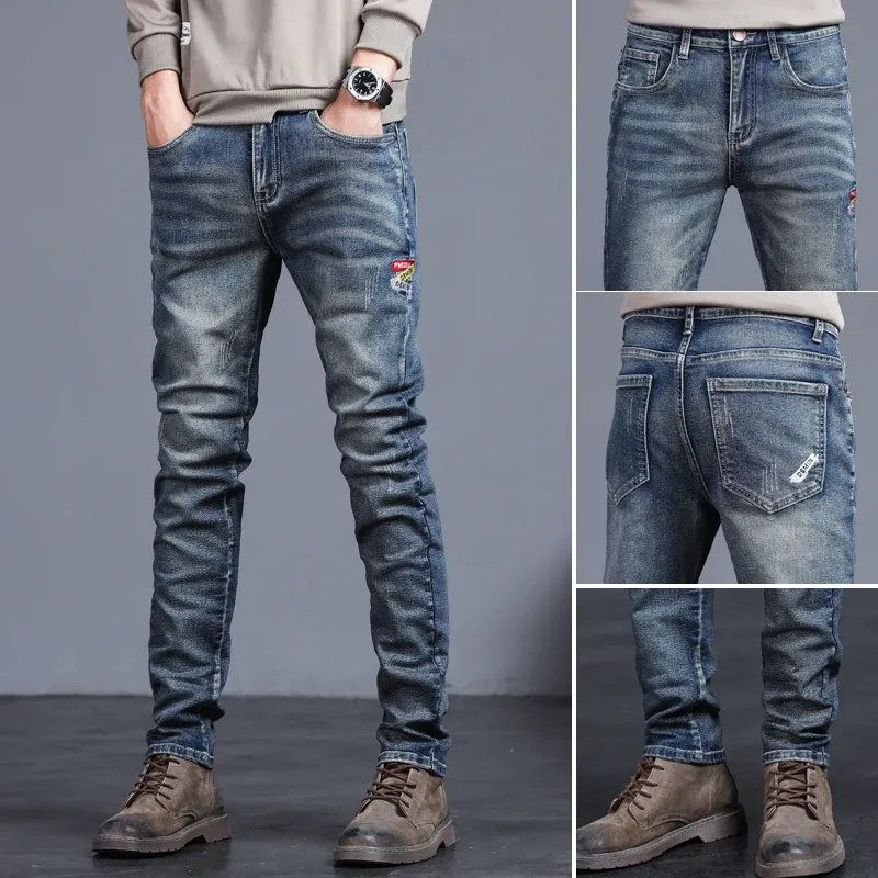 Men's Slim Little Feet Embroidered Trousers Stretch Male Denim Pants