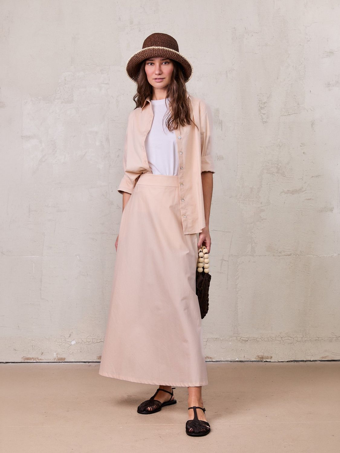 Elastic Back Maxi Cotton Blend Skirt-Bone