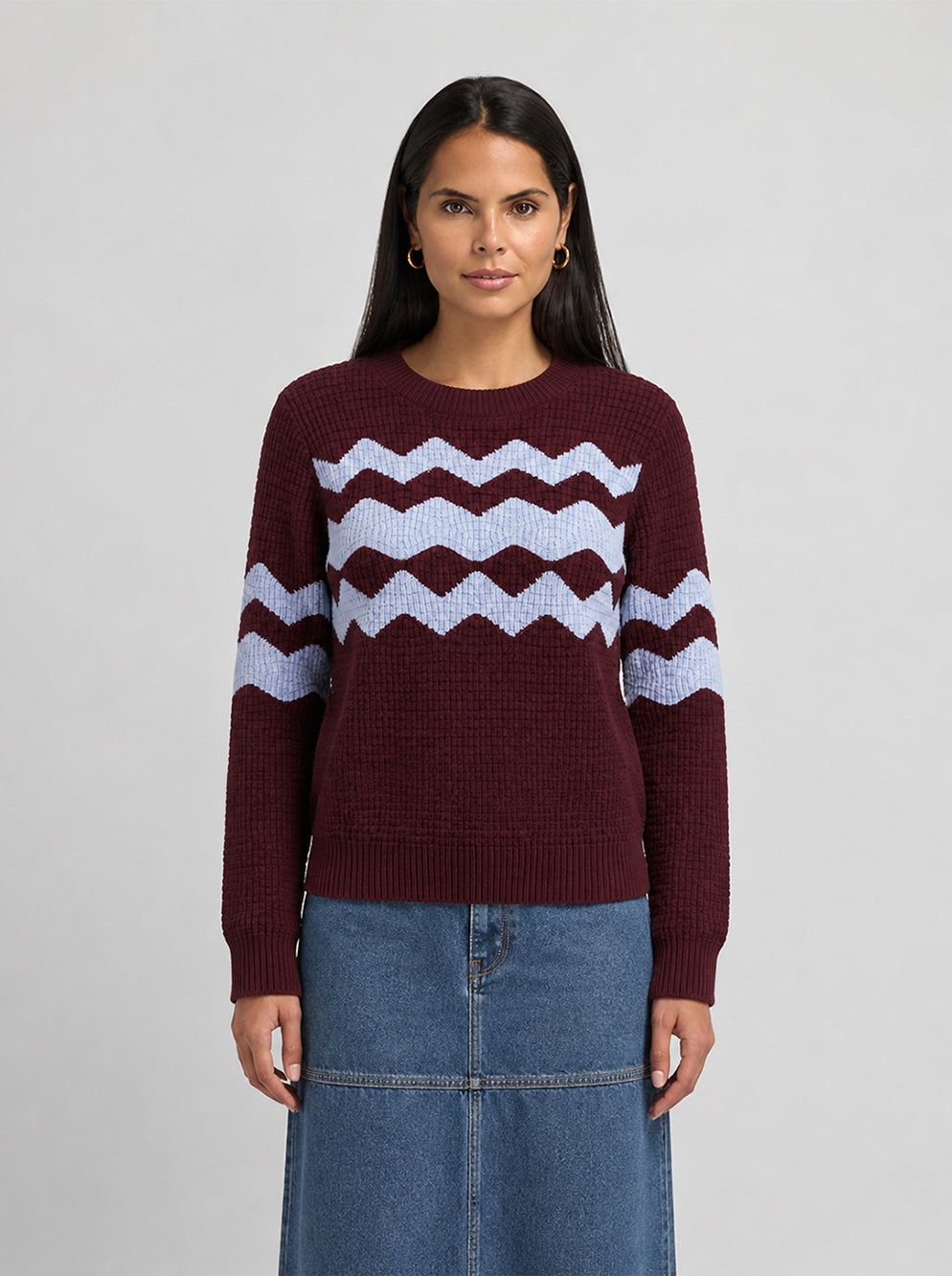 Waffle Designed Sweater - Burgundy/Light Blue