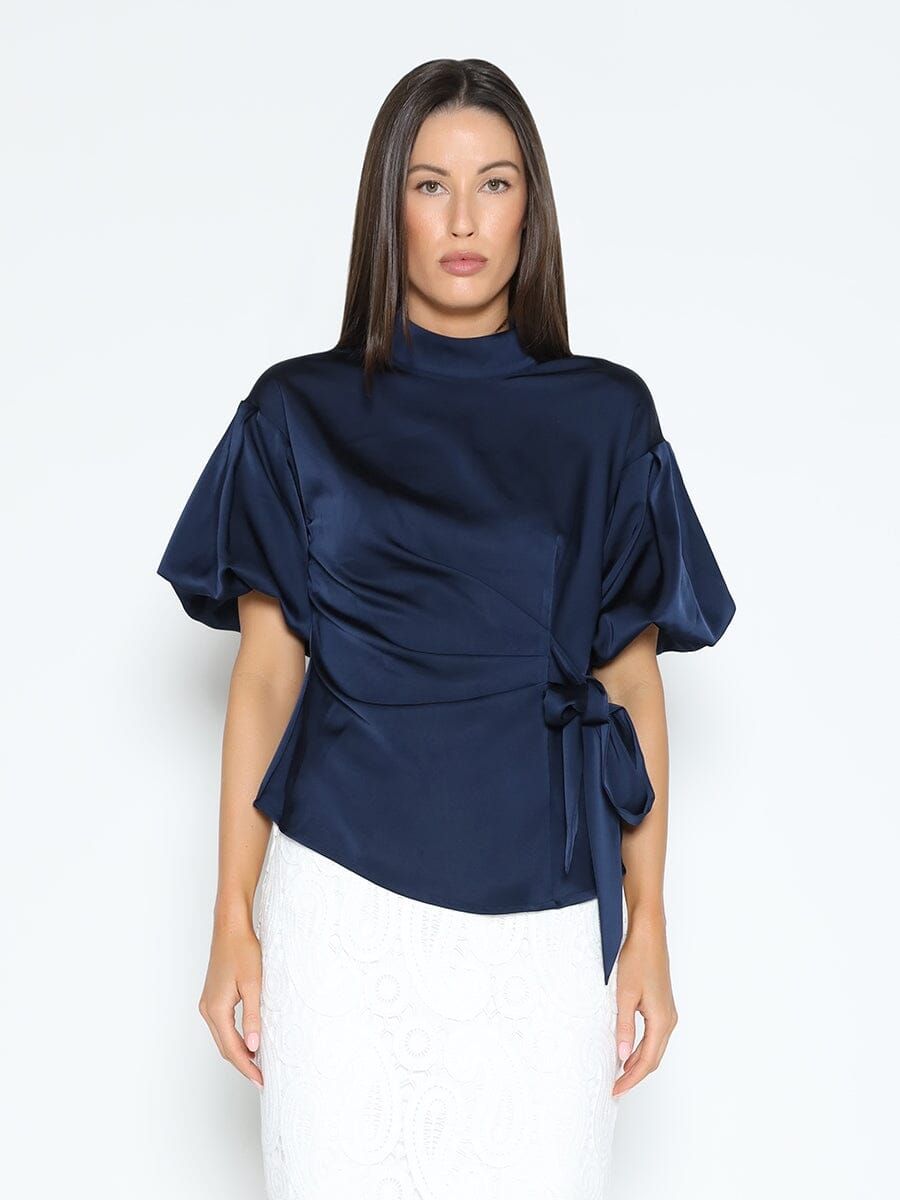 Side Twist Knot Mock Neck Puff Sleeve Satin Top
