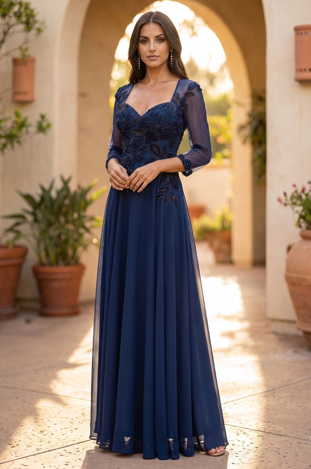 Beaded Floral V-Neck Long Sleeve A-Line Dress