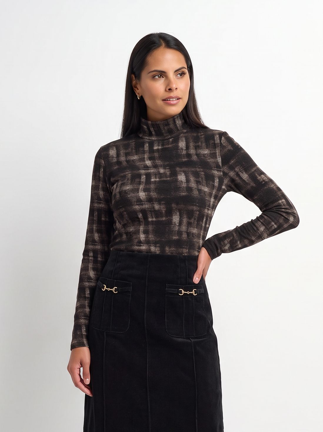 Printed Stretch Textured Turtle Neck - Grey and Black Plaid
