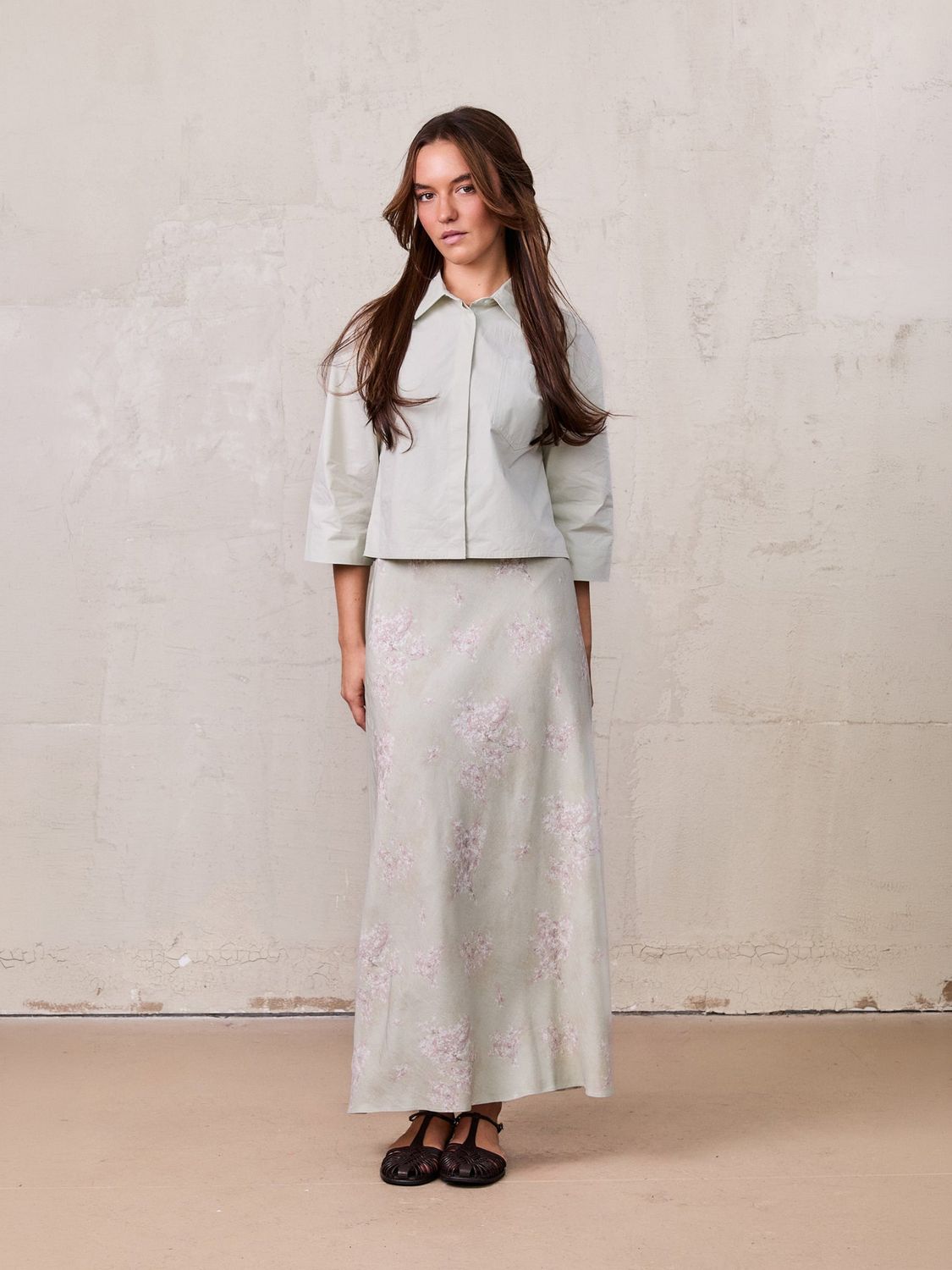 Printed Linen Blend Slip Skirt-Soft Floral