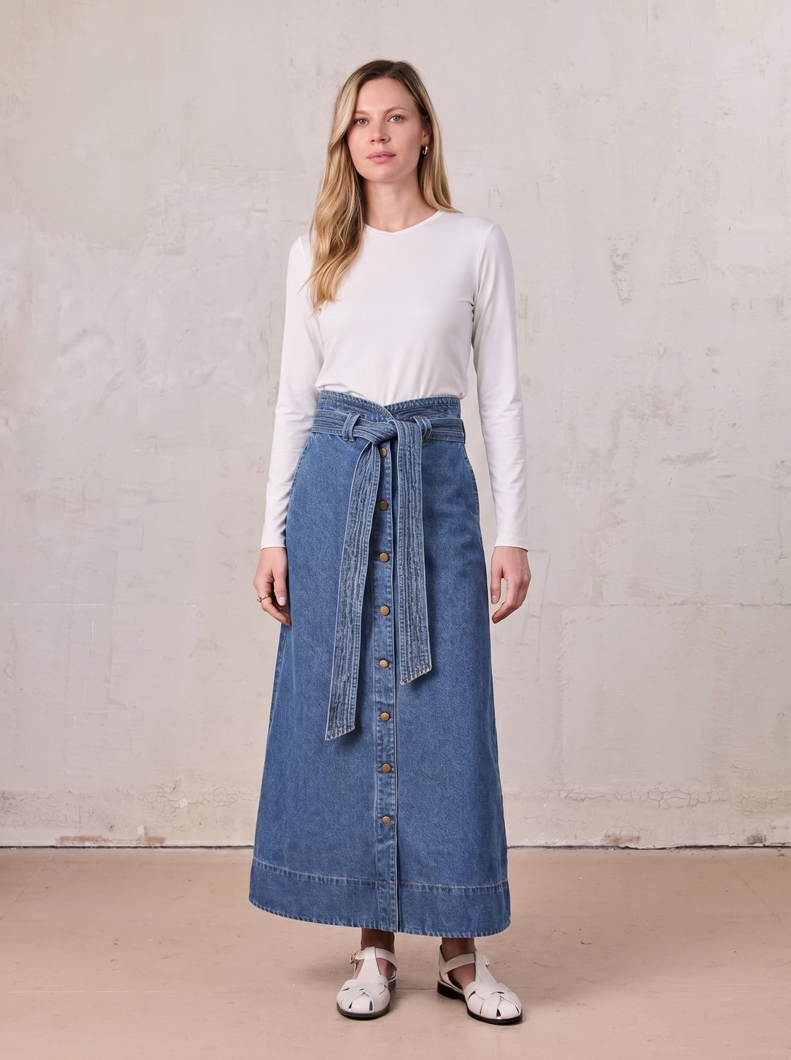 High Waist Button Down Denim Skirt-Blue