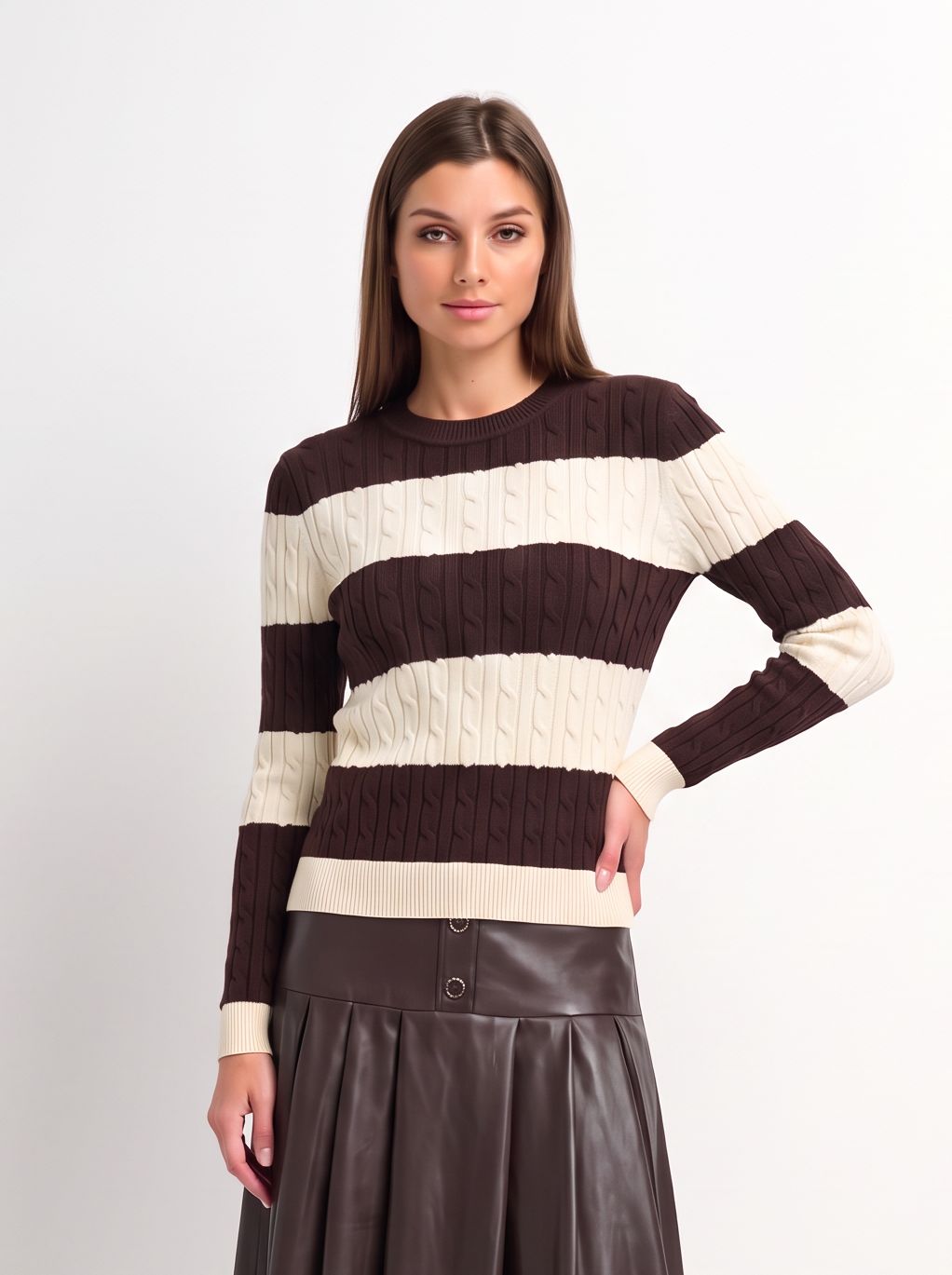 Wide Stripe Cable Knit Sweater - Cream/Brown