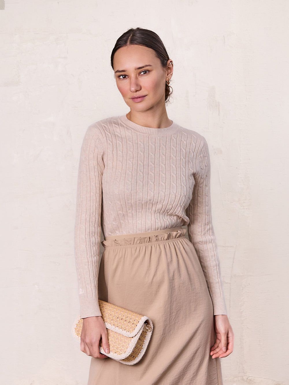 Crew Neck Cable Sweater-Bone
