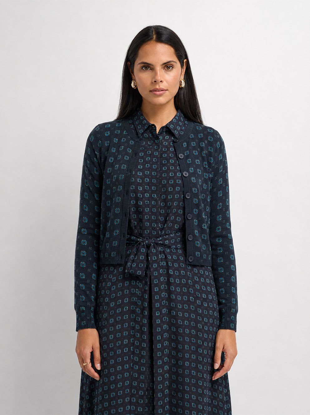 Printed Cardigan - Navy Geometric