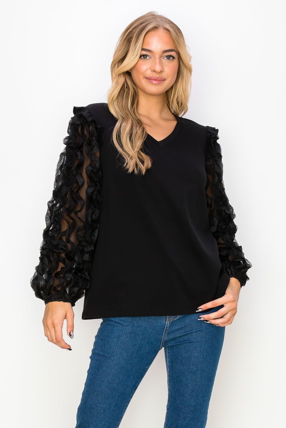 JOH | Rhonda Pointe Top with Mesh Lace Swirls
