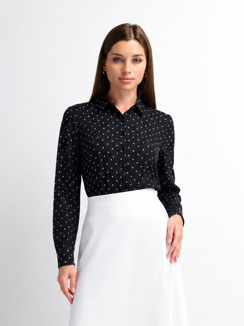Oversized Satin Blouse-Black/White Small Polka Dot