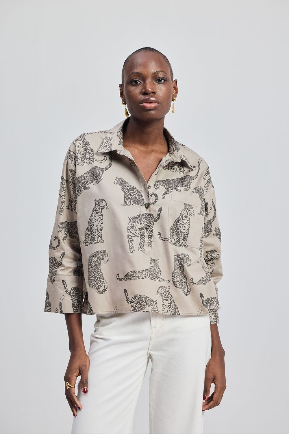 Oversized Cropped Front-buttoned Shirt In Animal Print