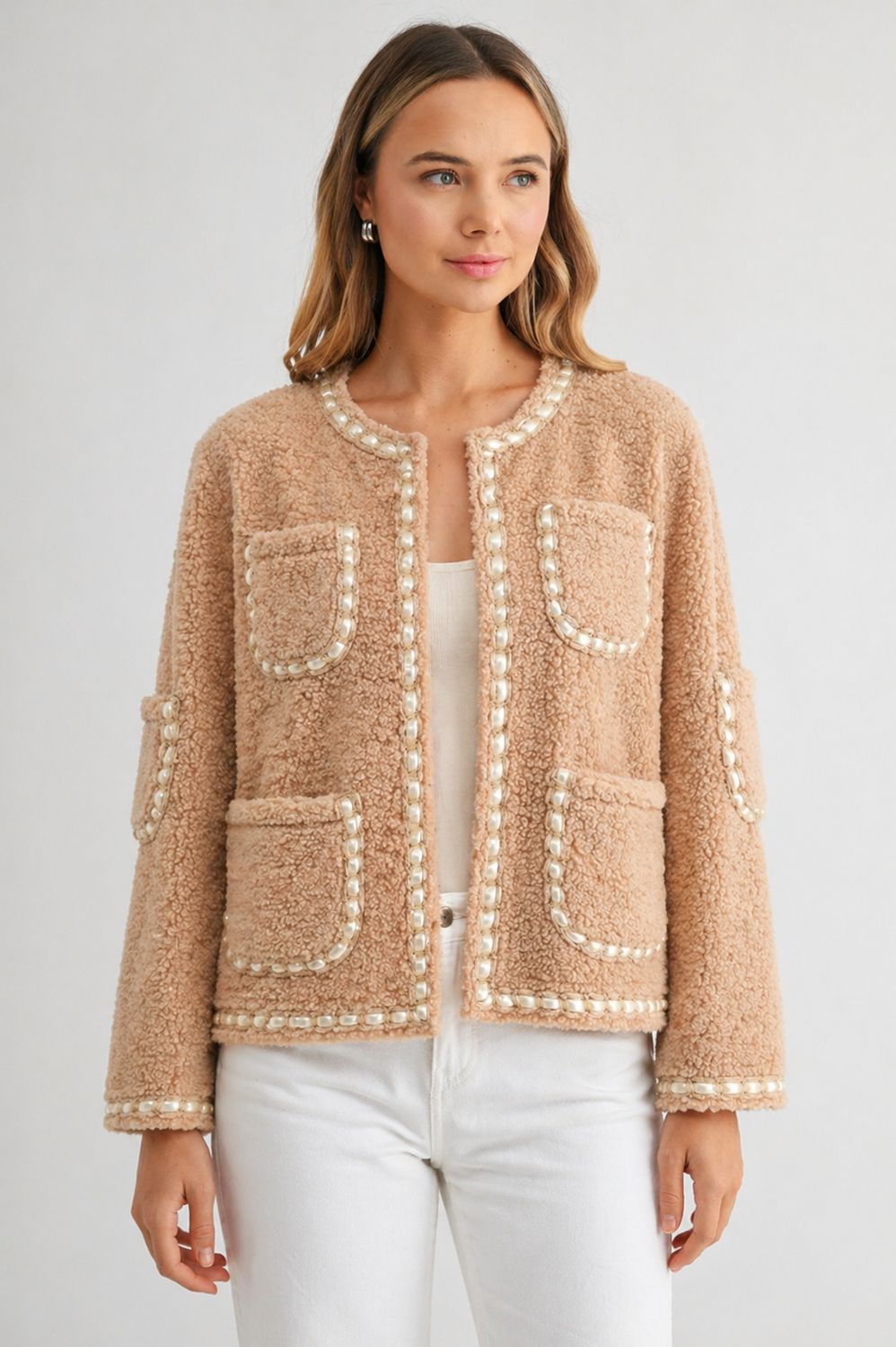 Judy Sherpa Jacket with Braided Ribbon Trim