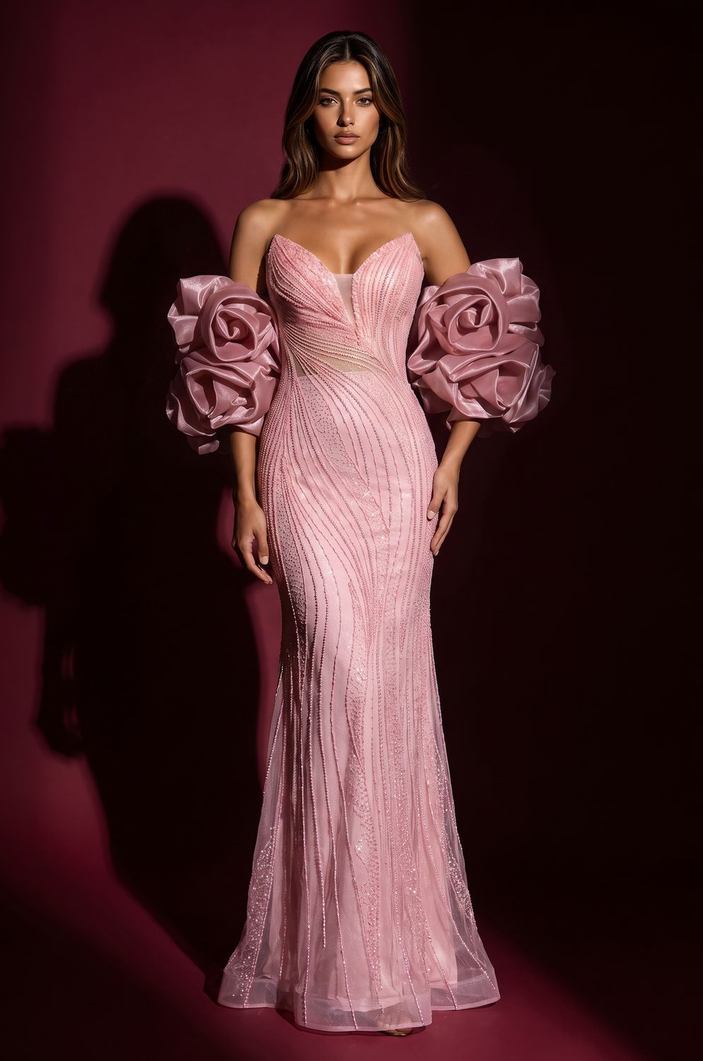Formal Beaded Sequined Puff Sleeve Evening Gown