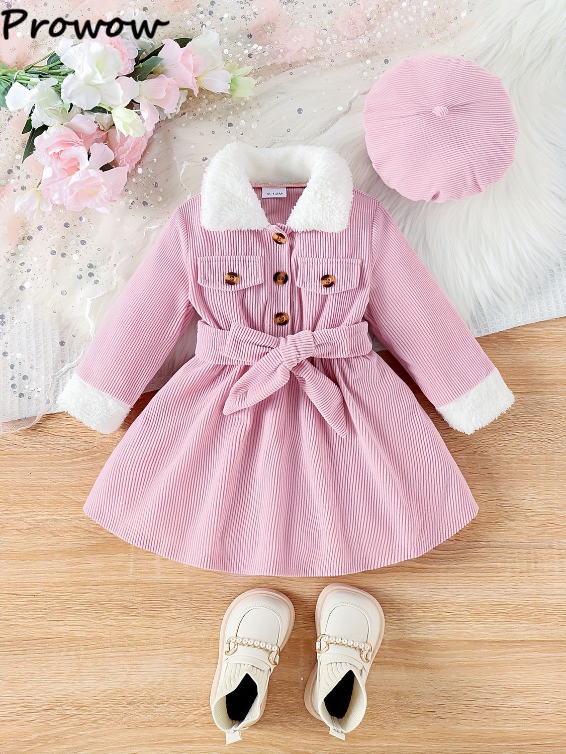 3-24M Baby Winter Dresses Fur Sleeve Lapel Fur Collar Pink Dress Fashion Cordury Dress With Belt Hat 3pcs Toddler Girl Dresses