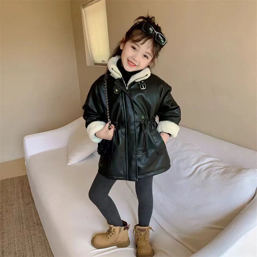 Baby Girls' Winter Leather Jacket Fashion New Style Children's Thick Velvet Coat Kids Parka 90-150CM