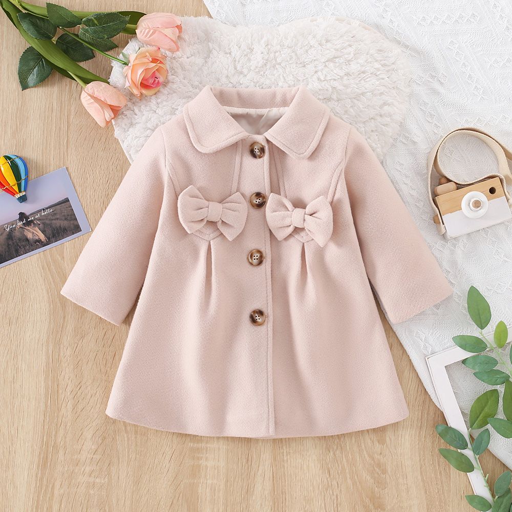 (6 Months -3 Years Old) Baby Girl Coat For Autumn And Winter, Beige Bow Children'S Long Sleeved Clothes