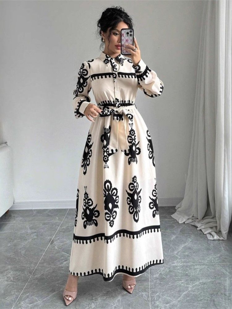 Long Sleeve Printed Belted Shirt Dress Elegant Ankle-Length Women's Fashion Casual Wear From Mainland Ch