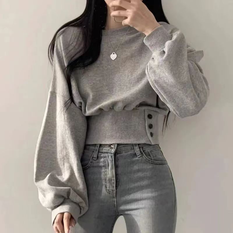 Women Solid O-Neck Slim Crop Top Lantern Sleeve With Button  Sweat Casual Hip-Hop Sporty Pullover Sweet Chic Street Wear